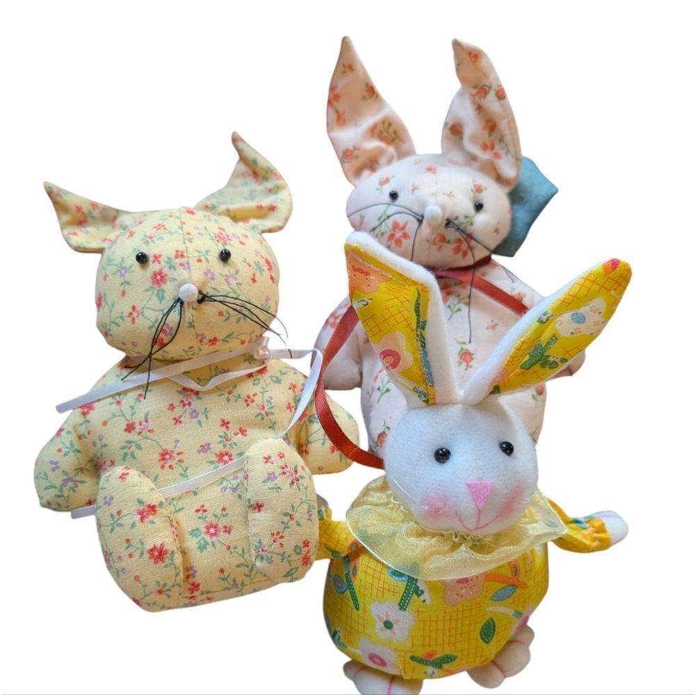 vintage Easter Floral Plush Bunny Set - Yellow, Peach & Pink